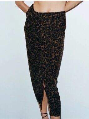 Zara Knotted Leopard Print Midi Skirt with Front Slit - Brown/Black